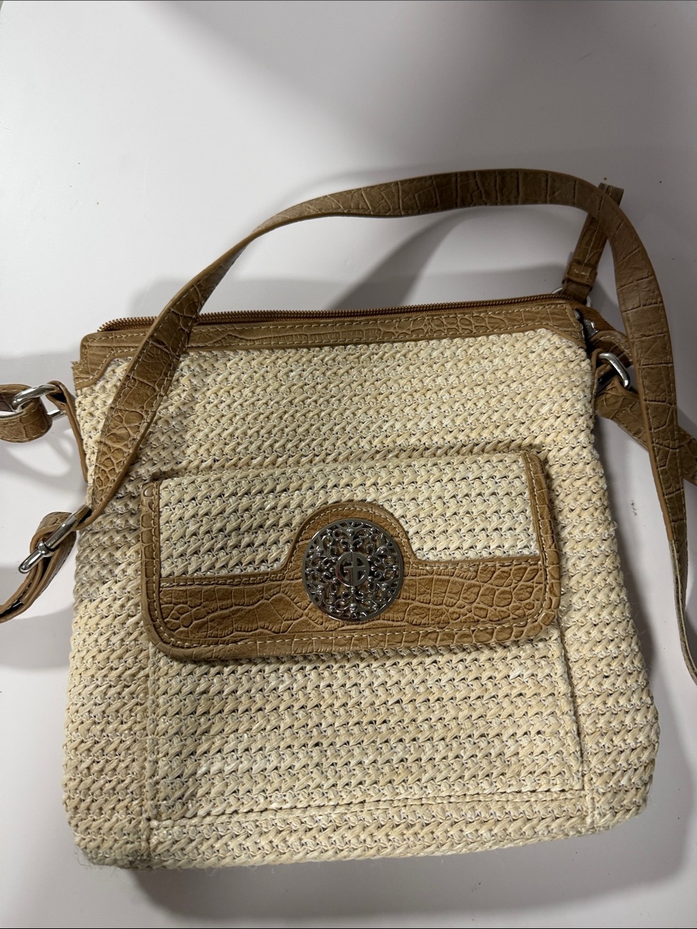 Gianni Bernini Woven Straw Crossbody Bag with Tan Trim
